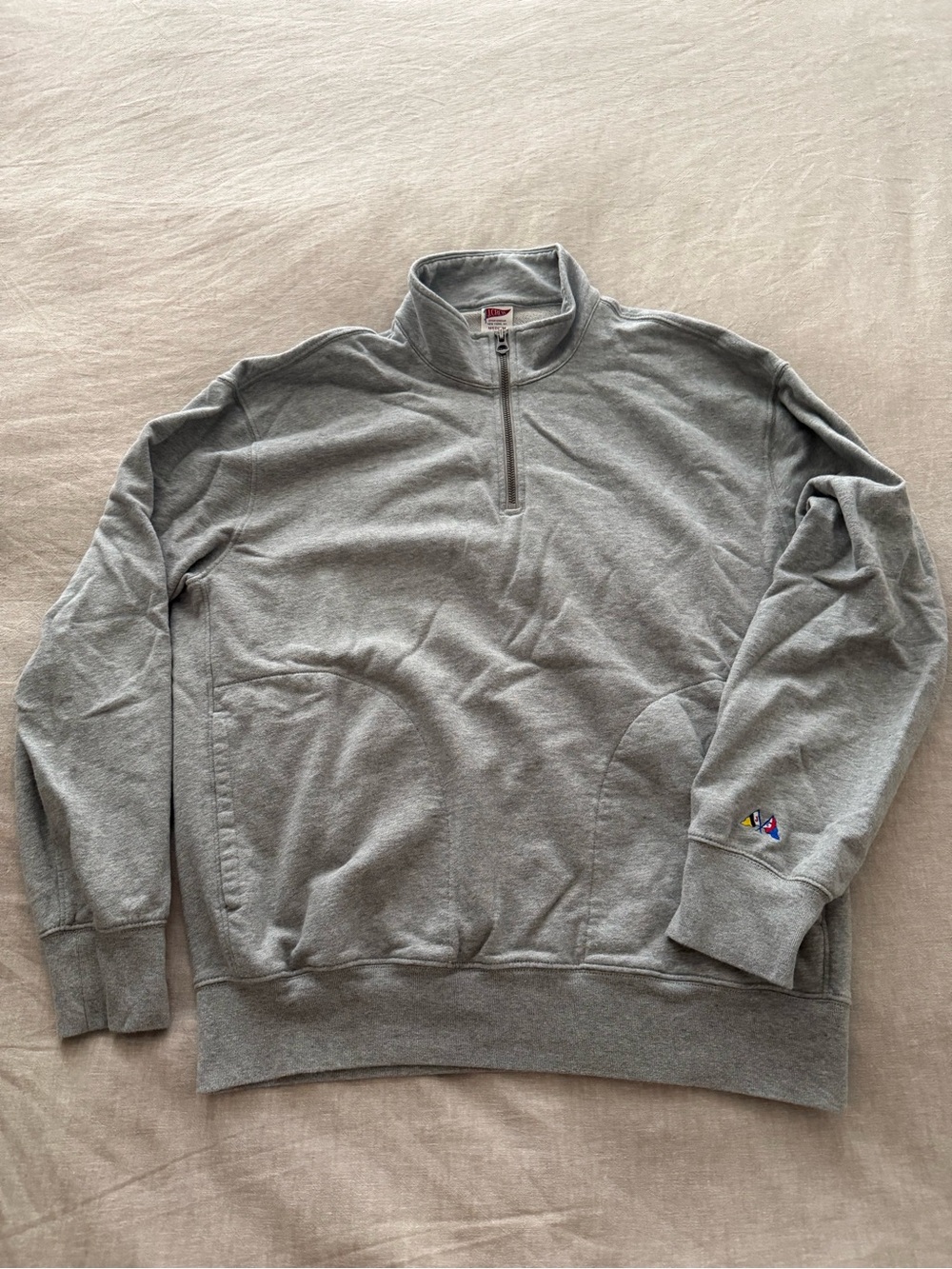 J. Crew Men's Light Gray Quarter-Zip Pullover Sweater with two front pockets